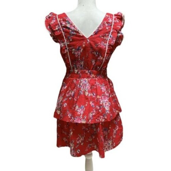 Betsey Johnson Red Floral Ruffle Dress M NWT Cottagecore Seersucker Boho - Picture 4 of 12